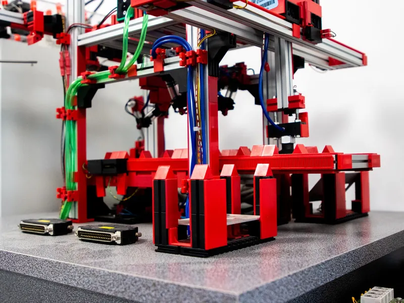 Close-up of an automated robotic machine with wiring and mechanical components