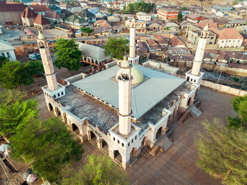 Aerial view of the Kaduna Central Mosque and the surrounding city