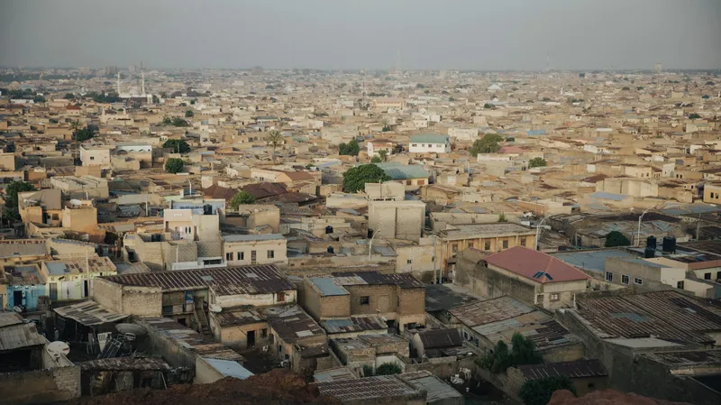 Aerial view of the dense rooftops of Kano's old city, Nigeria