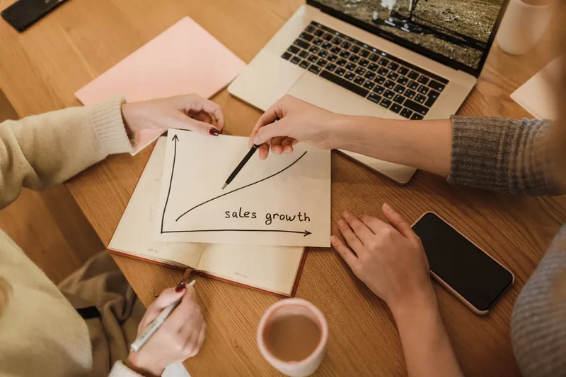 Two colleagues reviewing a sales growth graph together