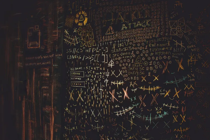 A chalkboard densely covered in scribbled, tangled writing and diagrams